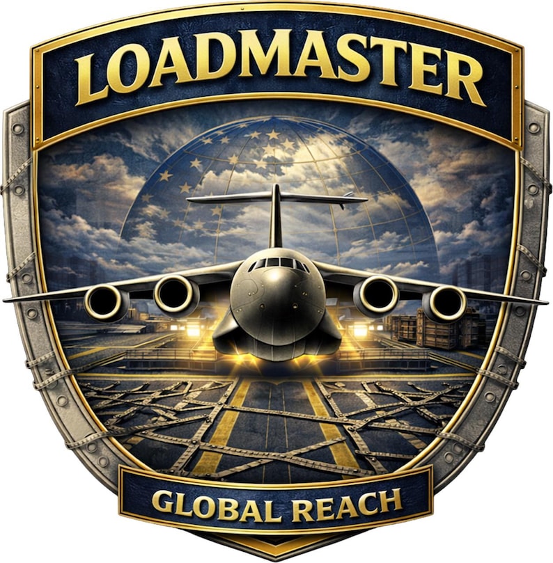 K&ouml;nnte beinhalten: Ein schildf&ouml;rmiges Emblem mit dunkelblauem Hintergrund, das oben den Text LOADMASTER und unten GLOBAL REACH in Gold tr&auml;gt. Ein milit&auml;risches Transportflugzeug ist &uuml;ber einer Landebahn zentriert, vor dem Hintergrund eines Globus und bew&ouml;lktem Himmel.
