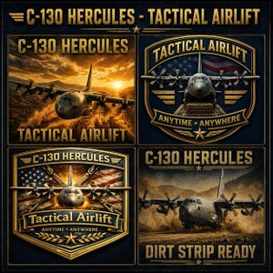 K&ouml;nnte beinhalten: Eine Grafik mit vier Feldern, die das Flugzeug C-130 Hercules zeigt. Zwei Felder zeigen das Flugzeug im Flug und auf einer unbefestigten Piste mit dem Text C-130 HERCULES TACTICAL AIRLIFT und DIRT STRIP READY. Zwei Felder zeigen goldene Embleme.