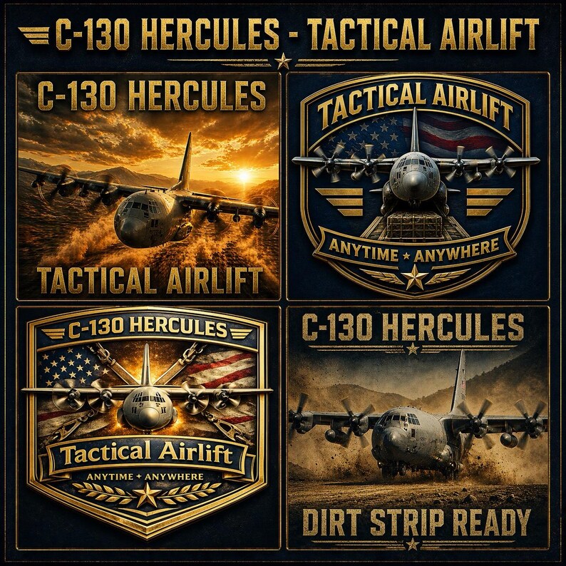 K&ouml;nnte beinhalten: Eine Grafik mit vier Feldern, die das Flugzeug C-130 Hercules zeigt. Zwei Felder zeigen das Flugzeug im Flug und auf einer unbefestigten Piste mit dem Text C-130 HERCULES TACTICAL AIRLIFT und DIRT STRIP READY. Zwei Felder zeigen goldene Embleme.
