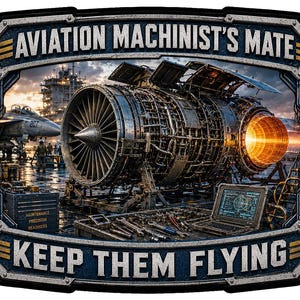 May include: A rectangular sign with a metallic border featuring the text AVIATION MACHINIST'S MATE and KEEP THEM FLYING. The image shows a jet engine on a flight deck with a laptop, tools, a fighter jet, and a ship in the background.