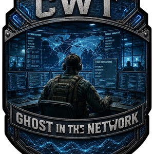 May include: A rectangular patch featuring a dark blue cyber warfare theme. The text CWT appears at the top, and GHOST IN THE NETWORK is at the bottom. A central figure wearing a tactical vest and headset sits before multiple monitors displaying maps and data.