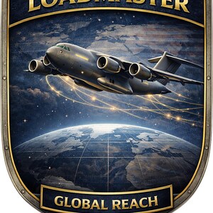 Puede incluir: Un emblema en forma de escudo que muestra un avi&oacute;n de transporte militar gris volando sobre un globo terr&aacute;queo. El texto LOADMASTER aparece en la parte superior y GLOBAL REACH en la inferior con letras doradas. El fondo muestra un cielo azul oscuro.