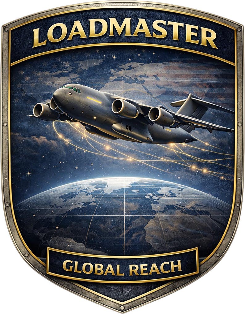 Puede incluir: Un emblema en forma de escudo que muestra un avi&oacute;n de transporte militar gris volando sobre un globo terr&aacute;queo. El texto LOADMASTER aparece en la parte superior y GLOBAL REACH en la inferior con letras doradas. El fondo muestra un cielo azul oscuro.