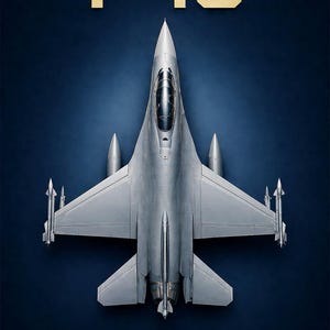 May include: A top-down view of a grey F-16 fighter jet against a dark blue background. The text F-16 appears in gold at the top, and the word VIPER is printed in gold at the bottom. The aircraft features a central cockpit, wings, and missiles.