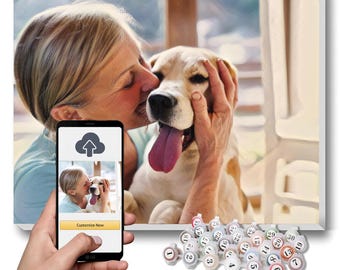 May include: A custom paint-by-numbers kit featuring a canvas with a printed image of a person embracing a dog, a smartphone displaying a customization interface with an upload icon and Customize Now button, paint pots numbered 1-30, and brushes.