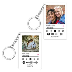 May include: Two personalized keychains with silver chains and rings. Each keychain features a photo and a music player interface design. One says "Love Story" and "Sam&Joye 2024-01-14". The other says "Yon And Me" and "David&Saphia".