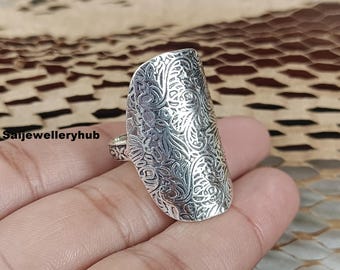 Handmade Etched Floral Sterling Silver Shield Ring: Boho Cocktail Statement