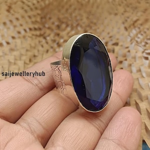 Blue Sapphire Statement Ring: Handmade 925 Sterling Silver Band