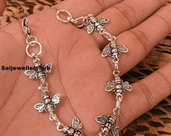 Handmade Sterling Silver Bee Charm Bracelet: Boho Nature Jewelry