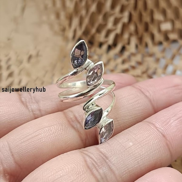 Amethyst & Rose Quartz Ring: Handmade 925 Sterling Silver Adjustable Boho Ring