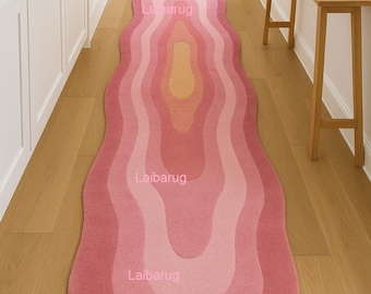 Pink Peach Hand-Tufted Wool Runner Rug, Abstract Wavy Living Room Carpet