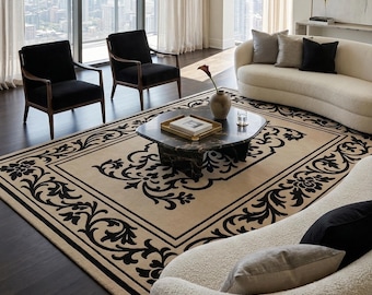 Border Carpet Wool Rug, Hand Tufted Black and Cream area  Design rug , Living room.