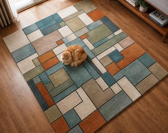 Hand Tufted Geometric Wool Rug, Modern Abstract Area Rug, Mid Century Living Room Carpet, Custom Size Handmade Floor Rug