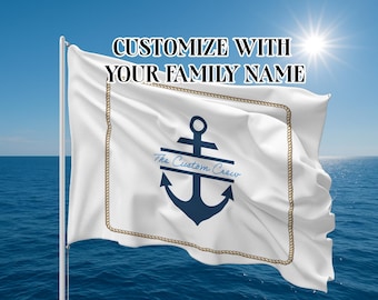 Bandeira personalizada de âncora de barco familiar, bandeira náutica personalizada com nome da família, decoração de marina ou pontão, disponível em 4 tamanhos
