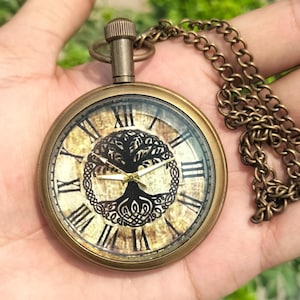 Vintage Brass Pocket Watch with Chain: Steampunk Roman Numeral Timepiece