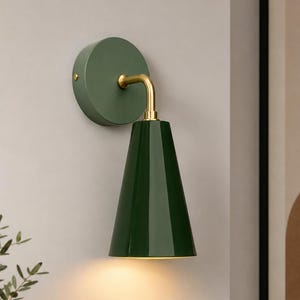 Green Cone Wall Sconce, Brass Wall Light, Mid Century Modern Bedside Lamp, Downward Reading Light, Retro Bedroom Wall Fixture