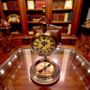 Engraved Brass Pocket Watch with Compass Stand – Victorian Nautical Desk Clock (Customizable) - Premium Antique Maritime Desk Decor Gift Set