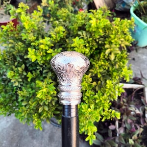 Ornate Silver Knob Walking Cane - Collapsible Dark Wood Staff