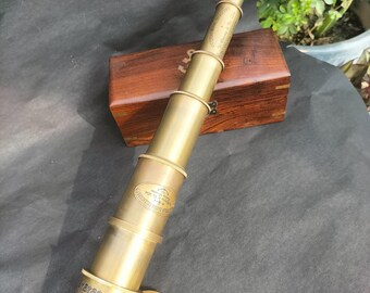 Engraved Brass Telescope with Wooden Box, Maritime Spyglass Gift