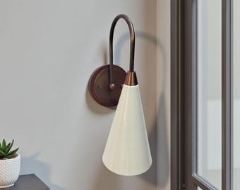 Mid Century Modern Wall Sconce White Cone Shade Brass Lamp, Handmade Minimalist Bedroom Hallway Living Room Light Decor