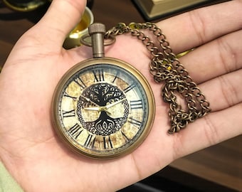 Tree of Life Pocket Watch: Antique Bronze Celtic Pendant Necklace - Roman Dial Steampunk Jewelry - Classic Vintage Gift with Matching Chains