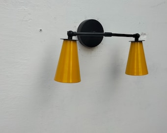 Mid Century Modern Wall Sconce Dual Yellow Cone Shades Black Metal Bar Fixture Retro Lighting Stylish Bedroom Living Room Kitchen Hallway