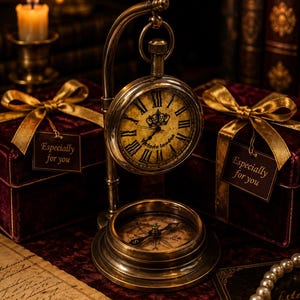 Engraved Groomsmen Gift, Brass Desk Clock & Nautical Compass Set, Personalized Pocket Watch, Anniversary  Father's Day Gift for Him, Steam