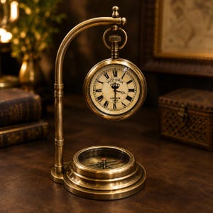 May include: A brass-toned desk clock and compass combination featuring a curved stand holding a round clock face with Roman numerals, the text VICTORIA LONDON 1895, and a crown icon, positioned above a circular magnetic compass base.