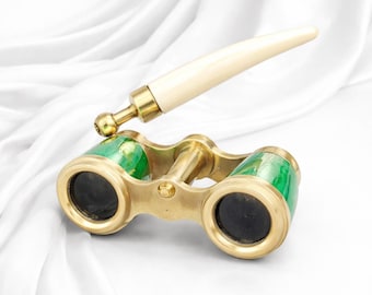 Vintage Brass Opera Glasses Lorgnette, Polished Gold Green Inlay Theater Binoculars, Antique Collectible Steampunk Decor Art Gifts For Women