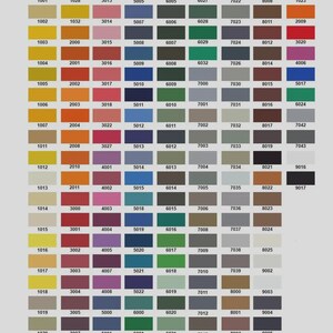 May include: A comprehensive color chart featuring a grid of rectangular swatches in various shades, including yellows, oranges, reds, pinks, blues, greens, grays, browns, blacks, and whites. Each swatch is labeled with a unique four-digit numerical code.