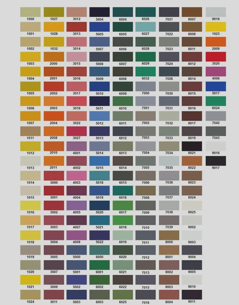 May include: A comprehensive color chart featuring a grid of rectangular swatches in various shades, including yellows, oranges, reds, pinks, blues, greens, grays, browns, blacks, and whites. Each swatch is labeled with a unique four-digit numerical code.