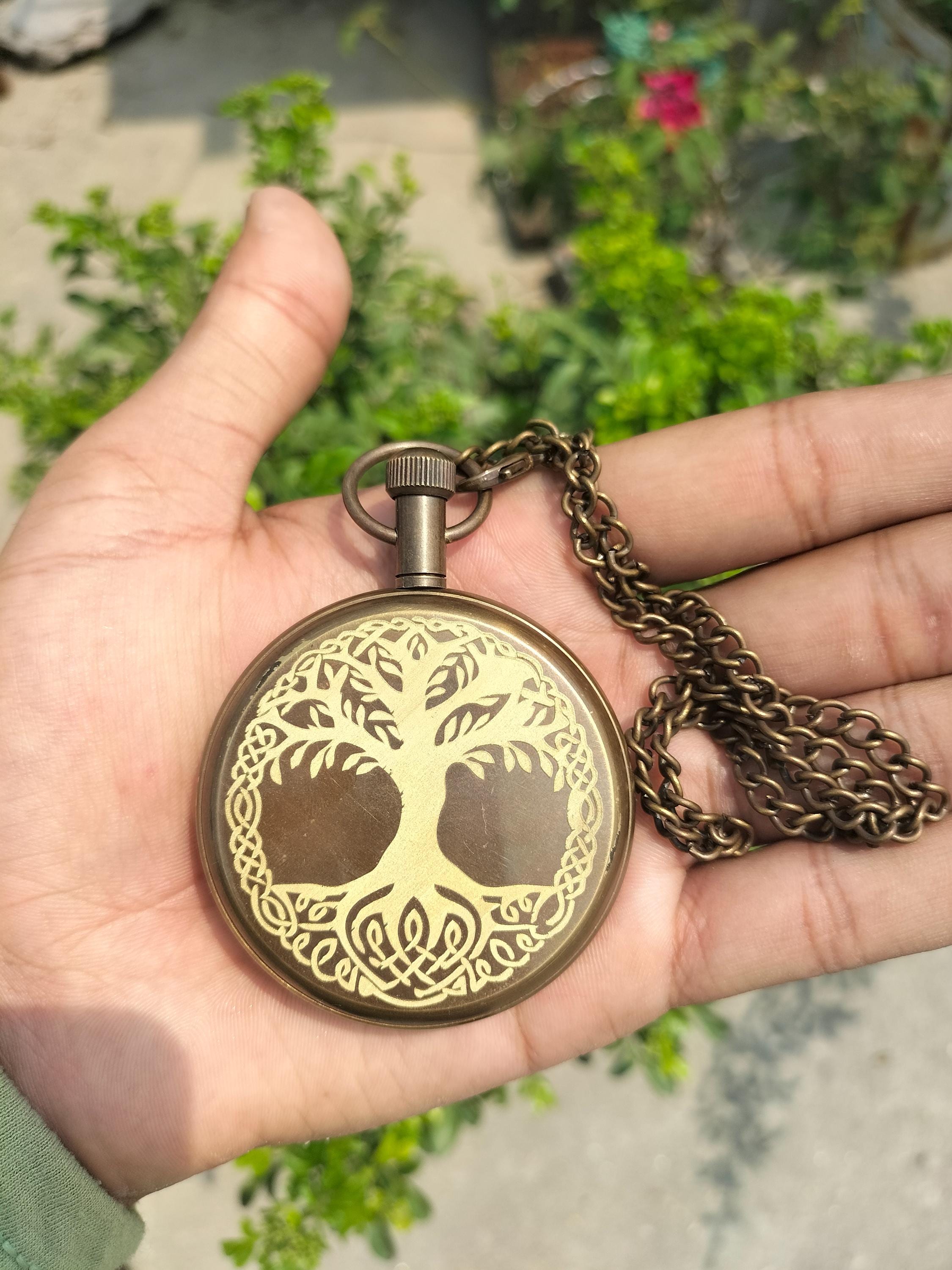 Tree of Life Pocket Watch Vintage Bronze Necklace Antique 
