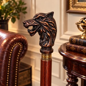 Wolf Head Walking Cane, 3 Fold Wooden Walking Stick, Antique Finish Animal Handle, Gothic Gentleman Gift for Men