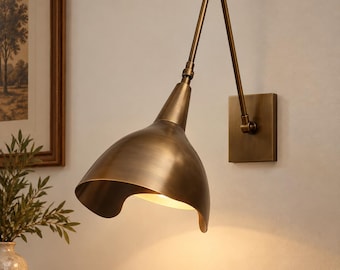 Swing Arm Wall Sconce, Blackened Brass Adjustable Lamp, Mid Century Modern Reading Light, Sculptural Cone Shade Bedside Wall Fixture