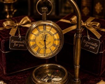 Nautical Brass Desk Clock & Compass – Victorian Maritime Decor, Vintage Collector Office Display Gift - Premium Antique Table Desk Decor Set