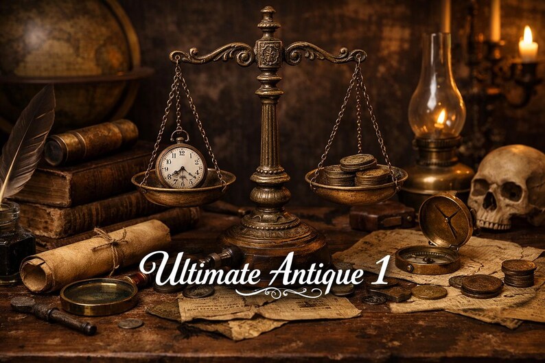 Op de afbeelding: Een antieke weegschaal met een zakhorloge en munten. De afbeelding heeft een vintage uitstraling met een schedel, boeken en een wereldbol. De tekst "Ultimate Antique 1" is zichtbaar.