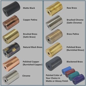 May include: A collection of cylindrical metal hardware components displayed in two columns with labels including Matte Black, Copper Patina, Brushed Brass, Natural Black Brass, Polished Copper, Chrome, Raw Brass, Brushed Chrome, Brass Patina, Polished Brass, Blackened Brass, and painted options.