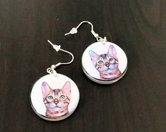 Brown Tabby Cat Earrings French Hook