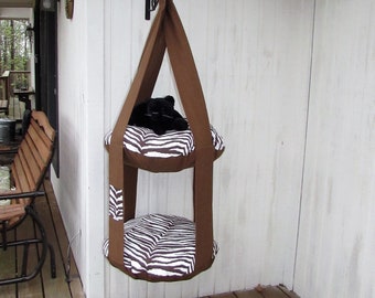 Cat Bed, Brown Zebra Print Double Hanging Kitty Cloud