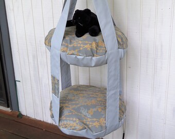 Outdoor Cat Bed, Gray & Gold Floral Shadow 2 Level Kitty Cloud