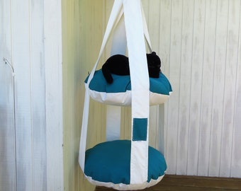 Outdoor Cat Bed White & Teal Double Kitty Cloud Hanging Cat Bed