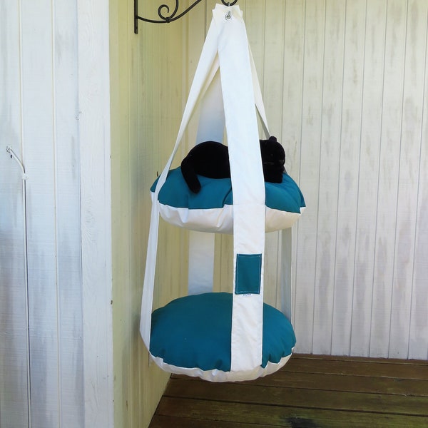 Outdoor Cat Bed White & Teal Double Kitty Cloud Hanging Cat Bed