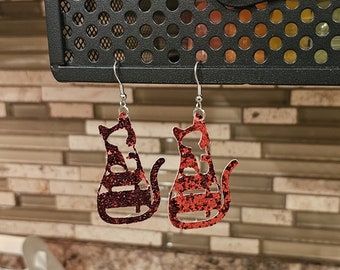 Valentine Cat Earrings Red Glitter