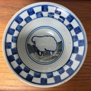 Vintage Debbie Dean Cordon Bleu pottery Sheep Bowl-Signed Folk Art Stoneware with Blue Checkerboard Rim, Primitive Farmhouse Kitchen Decor