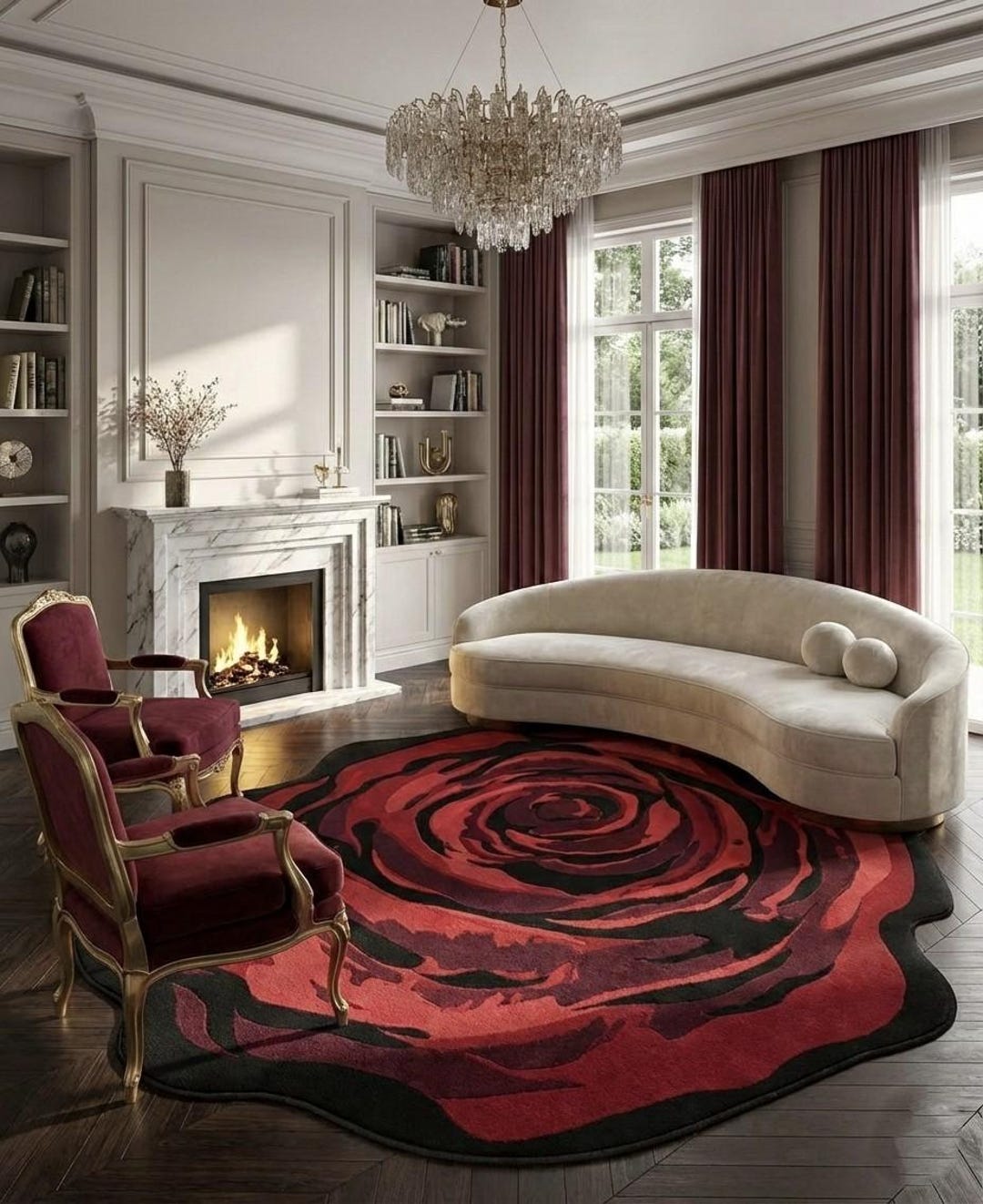 Red Rose Shaped Plush Rug, Floral Area Carpet, Modern Living Room Decor ...