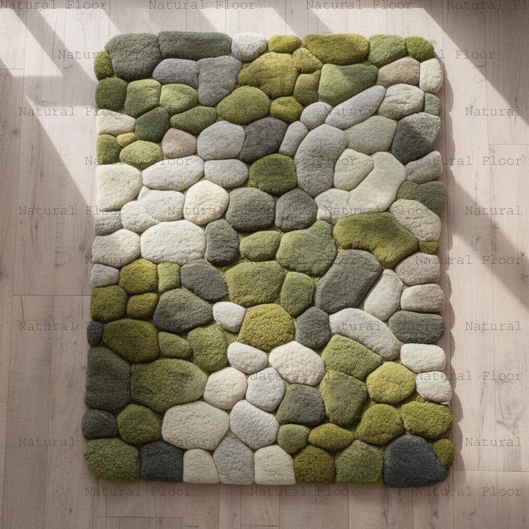 Moss Pebble Rug – Nature Inspired 3D Stone Carpet, Handcrafted Green ...