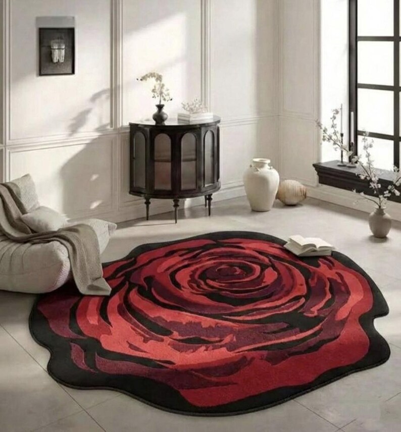 Red Or Roses Area Rugs Red Rose Shaped Plush Rug, Floral Area Carpet, Modern Living Room Decor ...