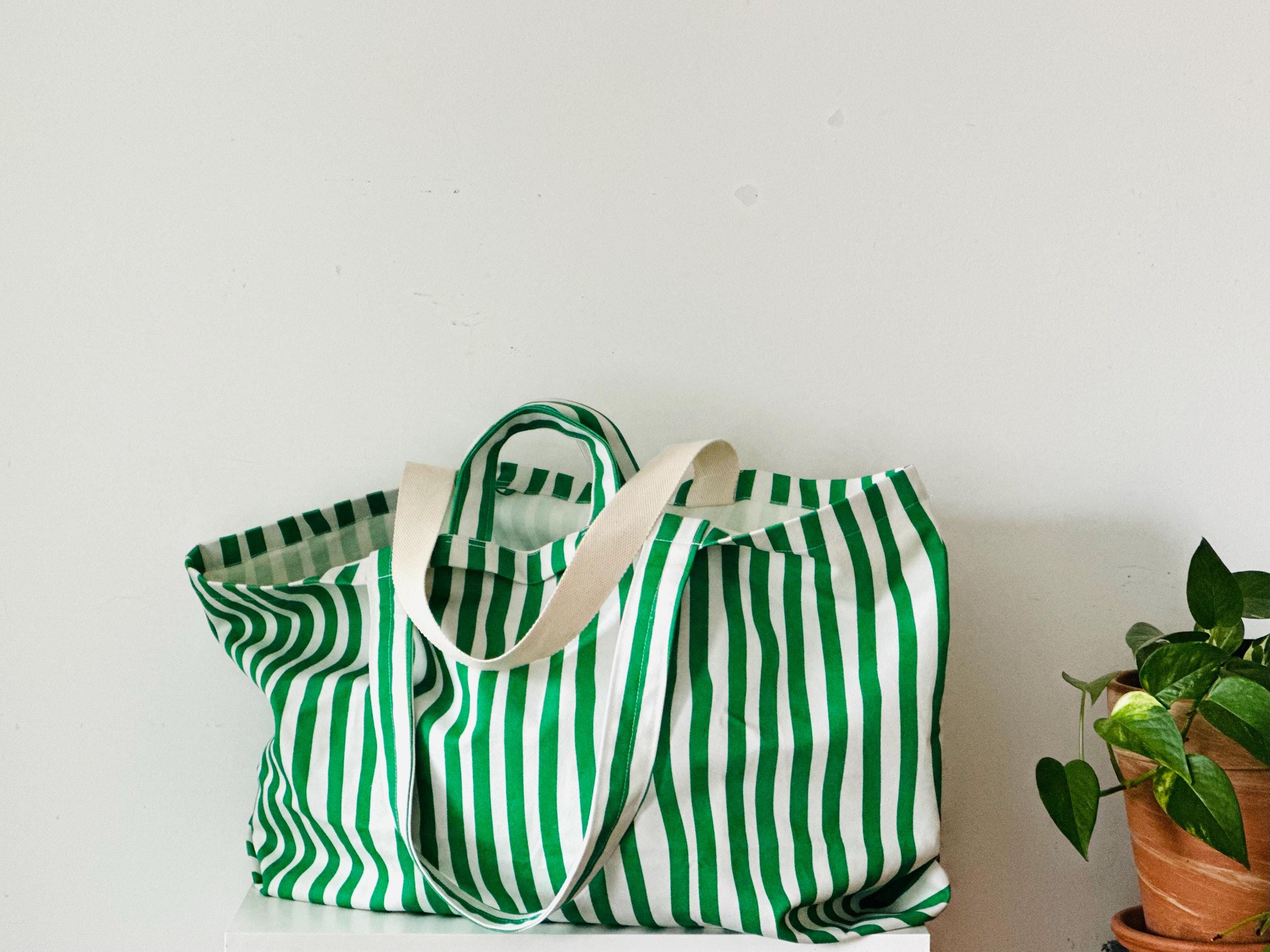 Large Tote With a Bottle Pocket X Green Stripe - Etsy & Other Stories Large Jute Tote Green Stripe‎ Market Beach Bag Summer NWOT main image 0