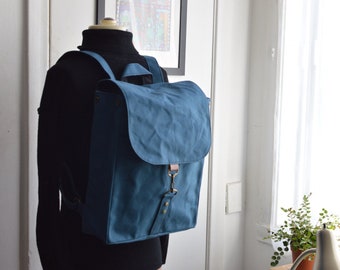 Laptop backpack made with 18oz paraffin wax army duck (blue)