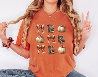 Western Fall Shirt Howdy Pumpkin Shirt Coquette Western Bow Shirt Cowboy Boots Tee Western Coquette Pumpkin Bow Cowboy Boots Shirt Autumn